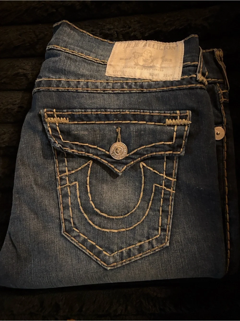 True Religion Men’s Big T Flap Rocco Skinny Blue Denim with Contrast Stitching